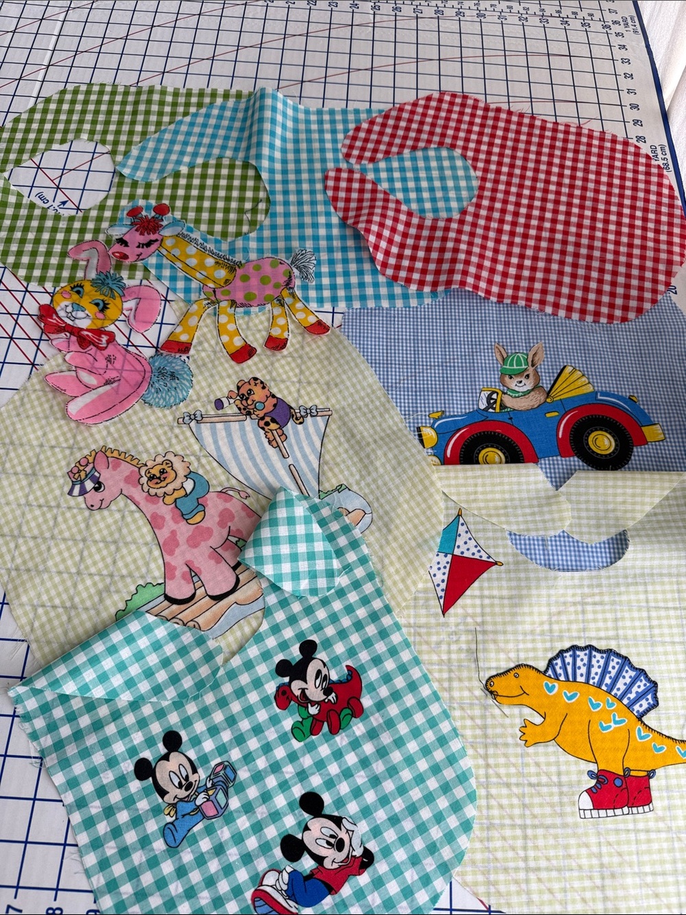 Vintage Unfinished Baby Bib Sewing Lot Pre-Cut Gingham Bibs Mickey Mouse Bunny